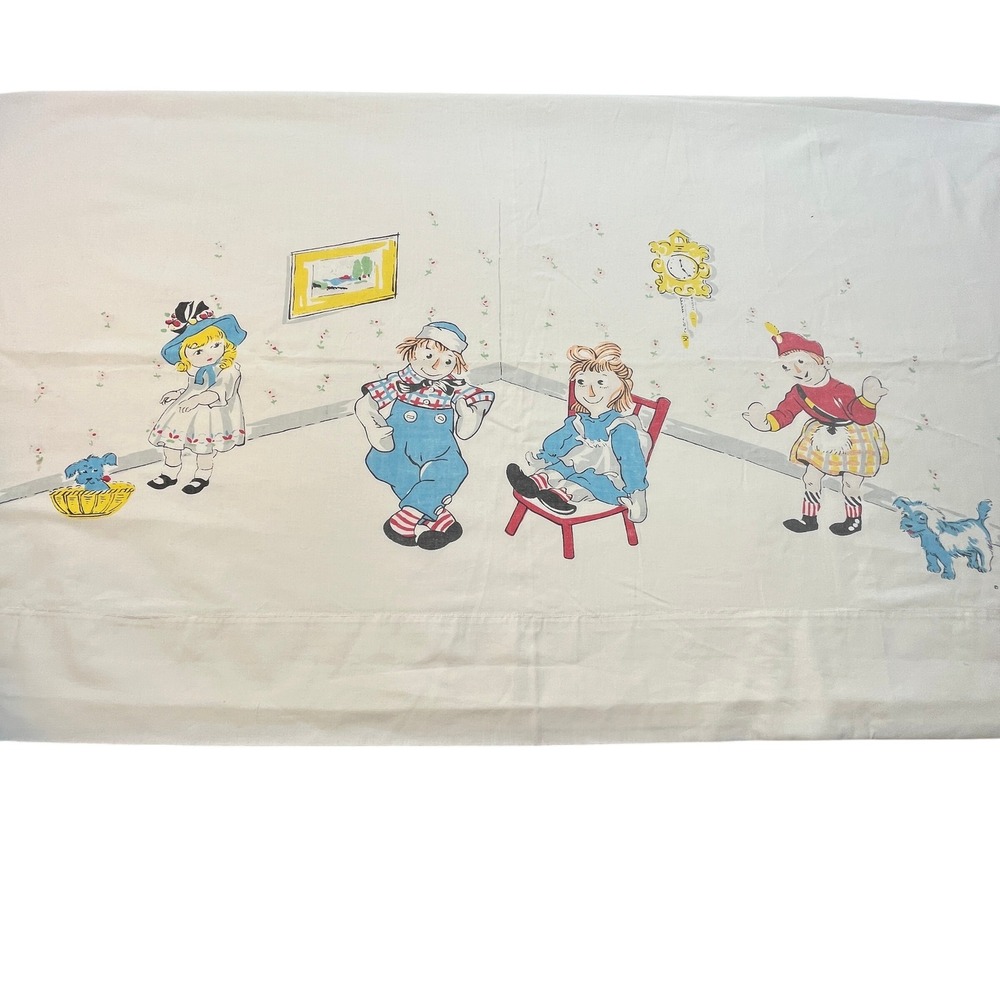 Vintage 1968 Raggedy Ann Andy Twin Flat Sheet White Cotton Blend Cottagecore